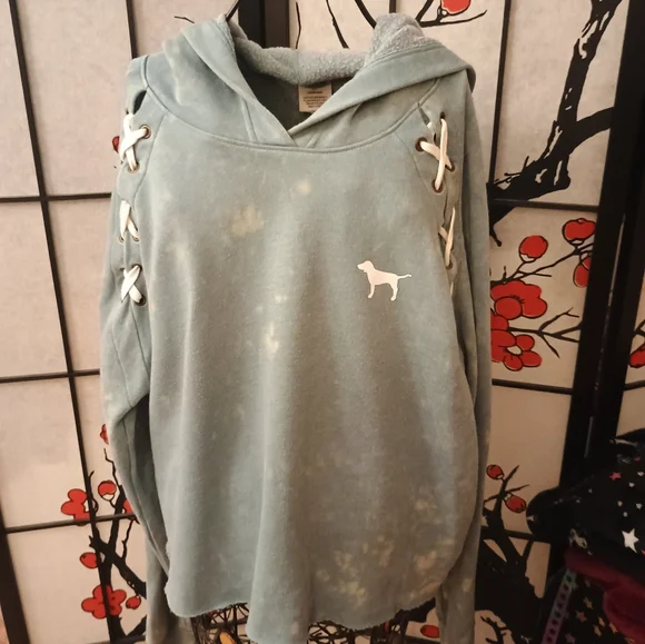 VICTORIA'S SECRET PINK Blue Hoodie with Lace-Up Sides L - Picture 1 of 6